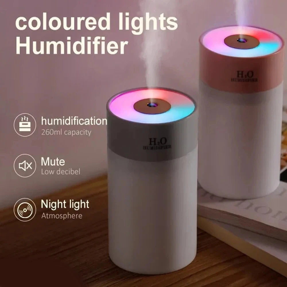 260ML Car Air Humidifier USB Essential Oil Diffuser Home Aroma Humidify Mist Maker LED Night Light Mini Ultrasonic Humidifier
