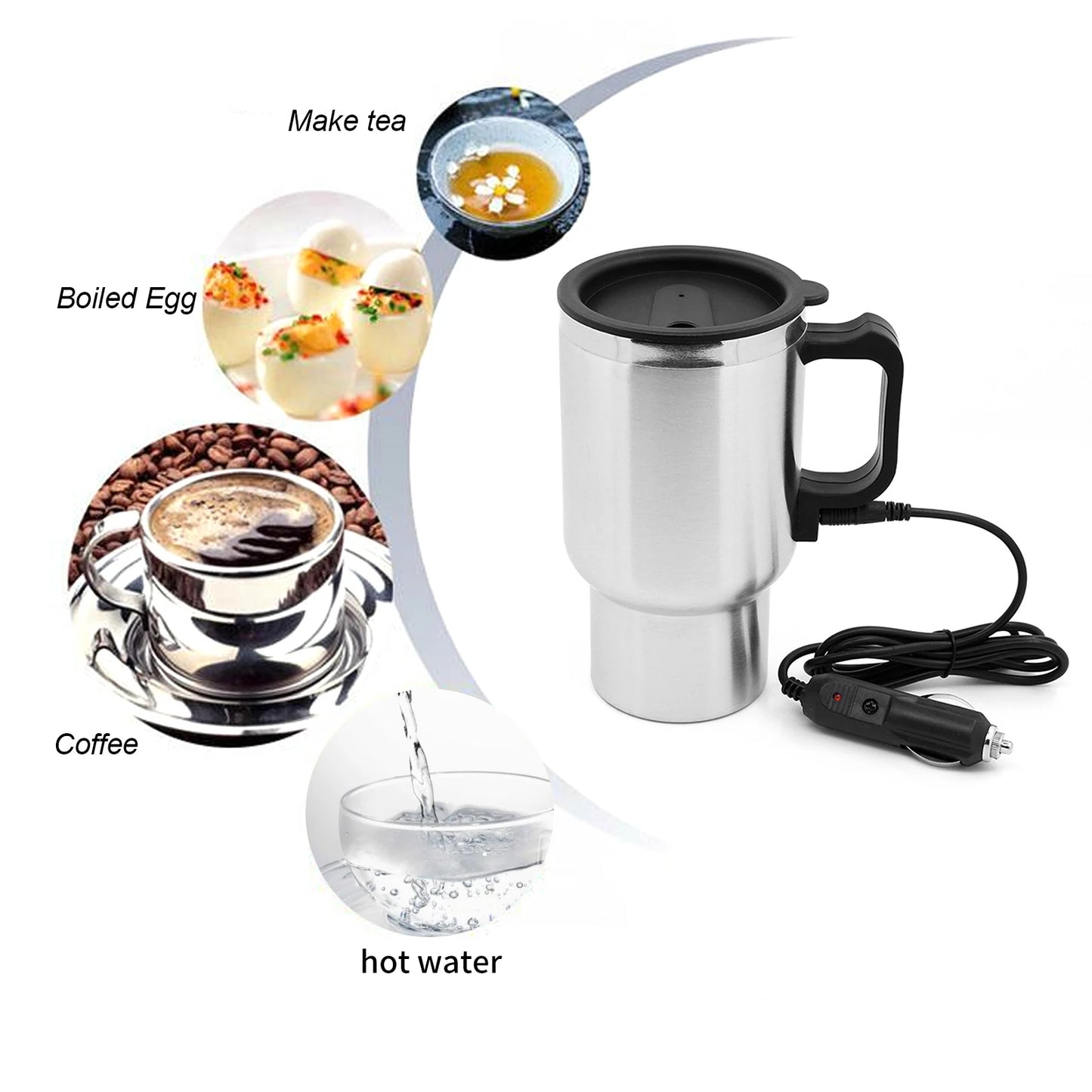 Electric kettle for car, heating water, tea, coffee, milk