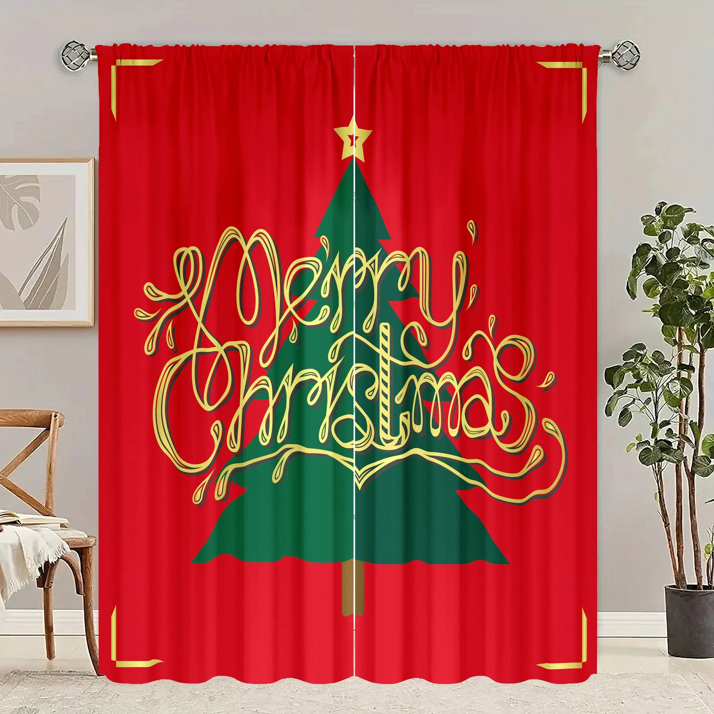 2 Pieces Santa Claus Christmas Tree Print Curtain -