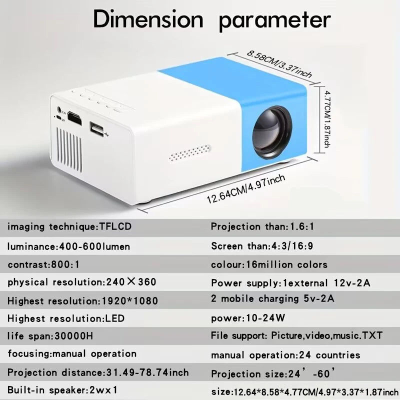 Mini Projetor Portátil YG300 para Celular, USB e HDMI